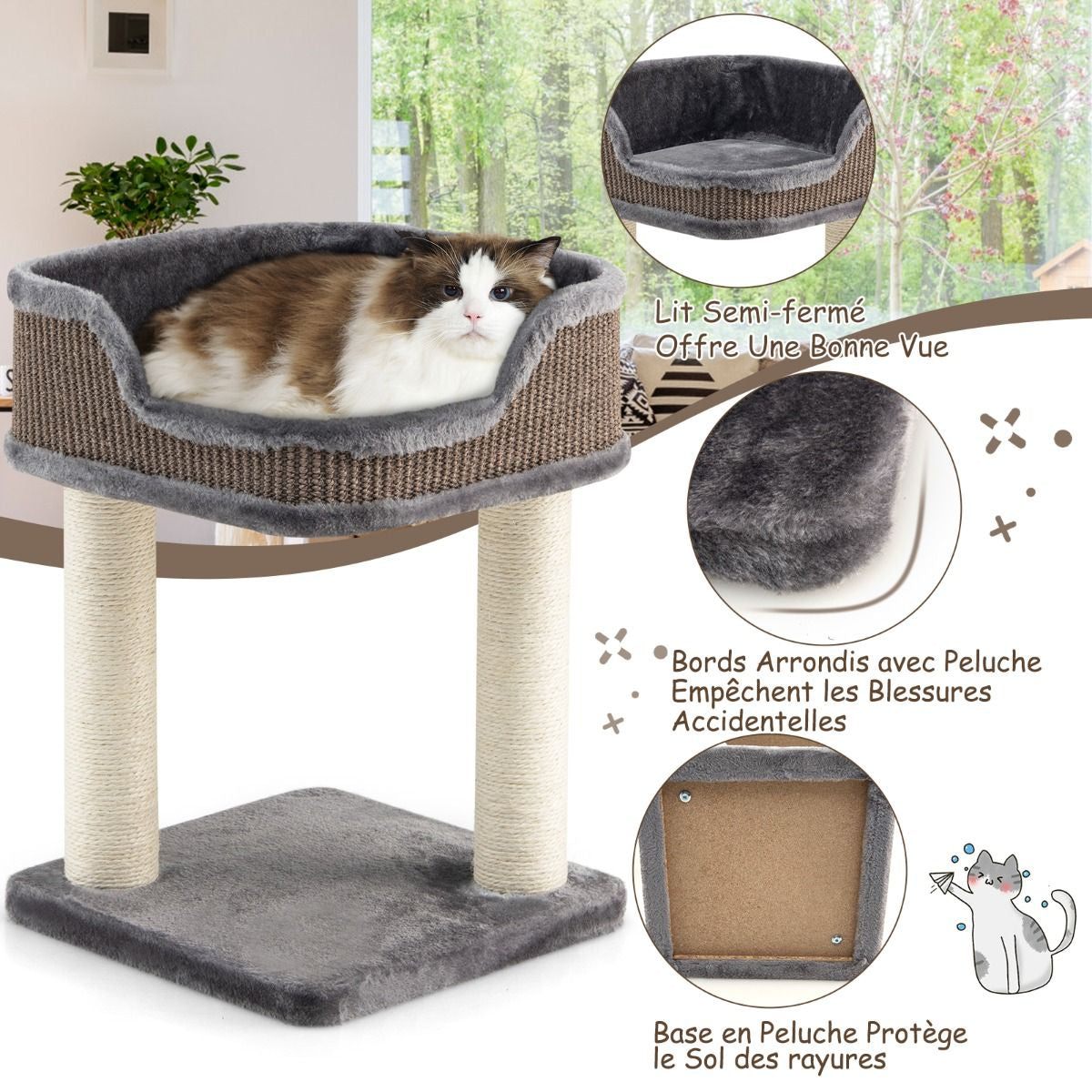 Tour D'Arbre À Chat Compacte Avec Perchoir En Peluche Et Griffoirs Pour Se Faire Ses Griffes Gris/Beige